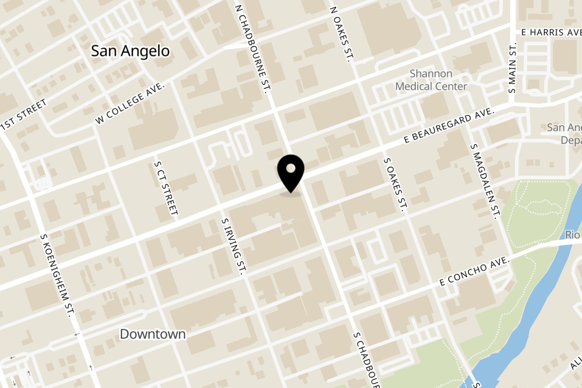 Map showing the location of Fuentes Cafe Downtown on 101 S Chadbourne St in San Angelo